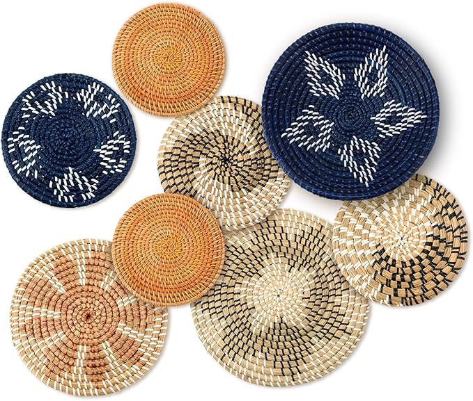 Xuhal 8 Pcs Boho Wall Basket Decor Decorative Bulrush Woven Basket Wall Decor Rustic Farmhouse Hanging Baskets for Kitchen Rustic Home Summer Decorations