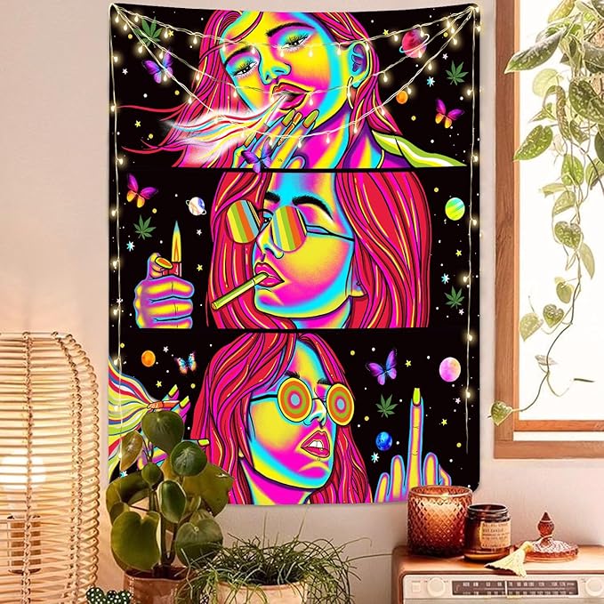 Trippy Tapestry Blacklight Tapestry for Bedroom Weed Decor Marijuana Cannabis Poster Smoking Tapestries Hippie Hippy Wall Tapestries Cool Asf Trippy Room Decor Weed Accessories Gifts 59"x 51"