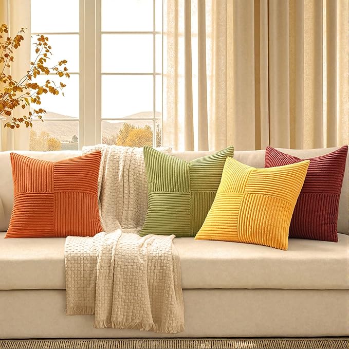 MIULEE Yellow Orange Rust Throw Pillow Covers 18x18 Inch 4 Packs Boho Farmhouse Decorative Color-Clash Pillow Cases Soft Cushion Cases for Couch Sofa Bed Corduroy Striped Home Decor