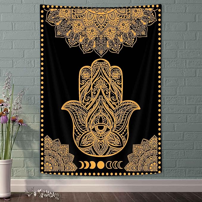 Boziqr Spiritual Psychedelic Hamsa Hand Black Gold Mandala Evil Eye Wall Tapestry For Bedroom Aesthetic 40x60 Inches