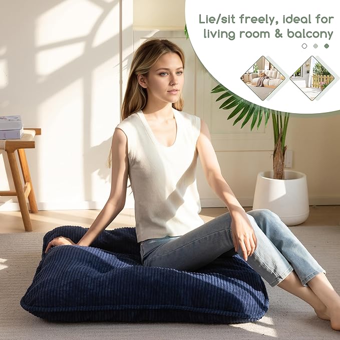 35" Washable Floor Pillow Cushion for Adults, Meditation Cushion Pillow, Extra Large Square Floor Sitting, Removable Tufted Corduroy Cover, for Tatami Living Room or Yoga, Navy, Machine Washable