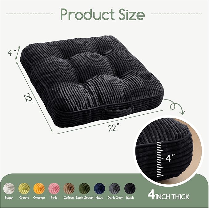 HIGOGOGO Floor Pillow Cushion for Adults, Meditation Cushion Pillow, Large Square Floor Sitting, Tufted Corduroy Cover, for Tatami Living Room or Yoga, 22x22 Inch, 2Pack, Black