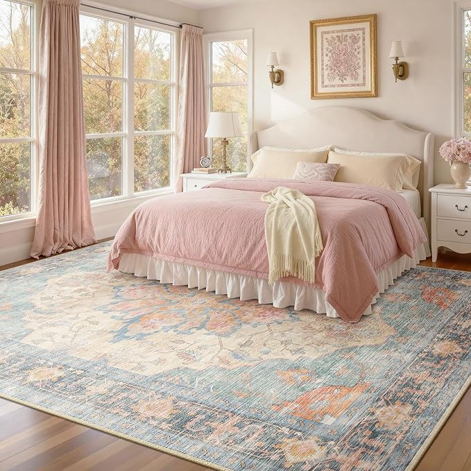 Area Rugs 9'x12' Washable Non-Slip, Floral Vintage Distress Print Pattern Medallion Carpet for Living Room Bedroom Dining Room, Blue Orange Red