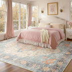 Area Rugs 9'x12' Washable Non-Slip, Floral Vintage Distress Print Pattern Medallion Carpet for Living Room Bedroom Dining Room, Blue Orange Red