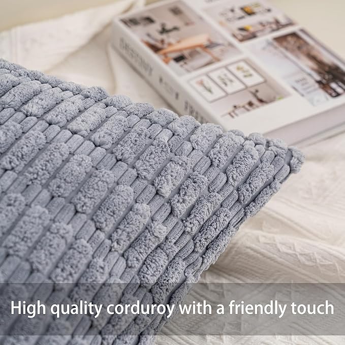 Pack of 2 Corduroy Decorative Throw Pillow Covers 12x24 Inch Soft Striped Pillow Covers Modern Farmhouse Home Decor for Sofa Living Room Couch Bed（Light Grey）