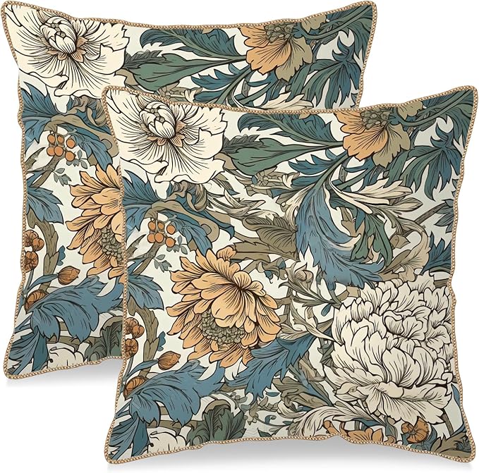 KSLIDS Vintage Flowers Soft Velvet Throw Pillow Covers Set of 2 Floral Plant Leaves Decorative Pillow Covers 18x18 Inch Yellow White Flowers Pillow Case for Sofa Couch Bedroom Farmhouse Home Decor