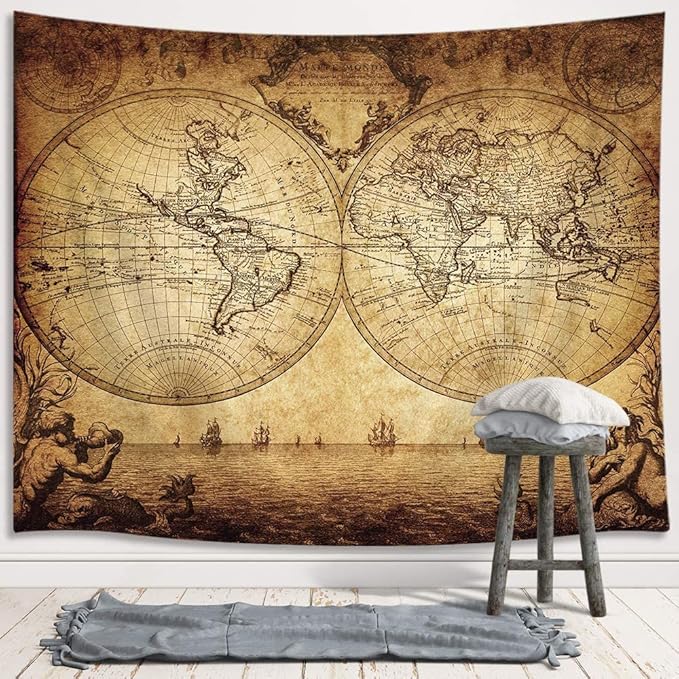 JAWO Old World Map Tapestry, Vintage Wanderlust Pirate Map Tapestry Wall Hanging for Bedroom, Historical Atlas Tapestries Poster Beach Blanket College Dorm Home Decor (80W X 60H)