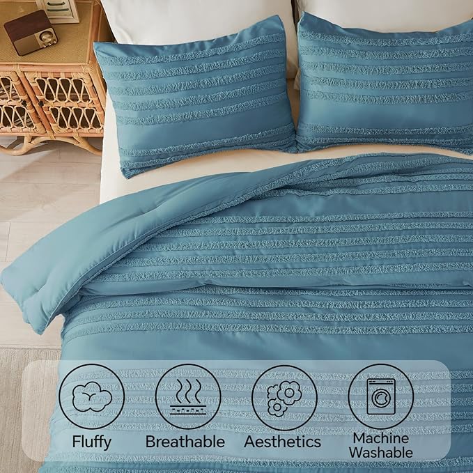 BEDELITE Boho Twin/Twin XL Comforter Set，Dusty Blue Tufted Striped Bed Set 2 Pieces, Soft Vintage Farmhouse Comforter for College, Boho Home Dorm Decor, Fluffy Jacquard Bedding with 1 Pillow Sham