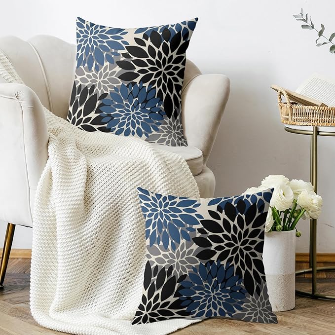 Black Blue Pillow Covers 24X24 Inch Set of 2, Spring Summer Floral Dahlia Flower Cream Decorative Throw Pillow Covers Outdoor Modern Farmhouse Cushion Case for Home Couch Sofa Bed Decor