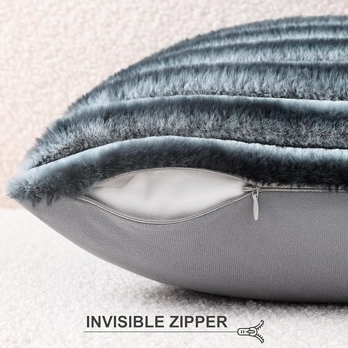 Pallene Faux Fur Plush Throw Pillow Covers 26x26 Set of 2, Luxury Soft Fluffy Striped Decorative Pillow Covers for Sofa, Couch, Living Room, Ombre Blue