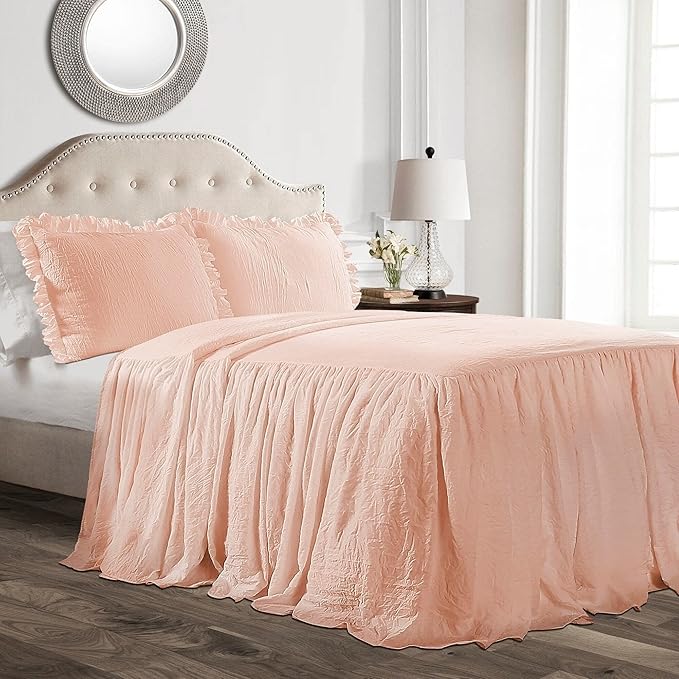 Lush Decor Ruffle Skirt Bedspread Set - 3-Piece Luxurious Farmhouse Bedding - Elegant Ruffle Detail - Timeless Style - Soft Lightweight Sheets - Queen, Blush