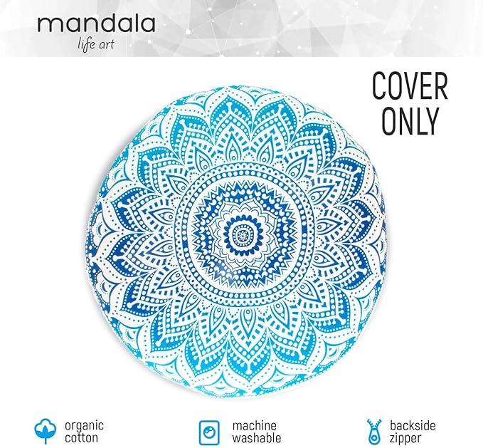Mandala Life ART Yoga Decor Floor Cushion Cover - Round Meditation Pillow Case - Hand Printed Organic Cotton Pouf