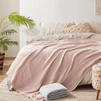KyraHome 100% Organic Cotton Fall Throw Blankets for Adults, Girls, 60"x80", Plant Dyed, Breathable Lightweight Gauze Large Muslin Blankets for Women, Kids, Napping, All Season (Soft Pink)