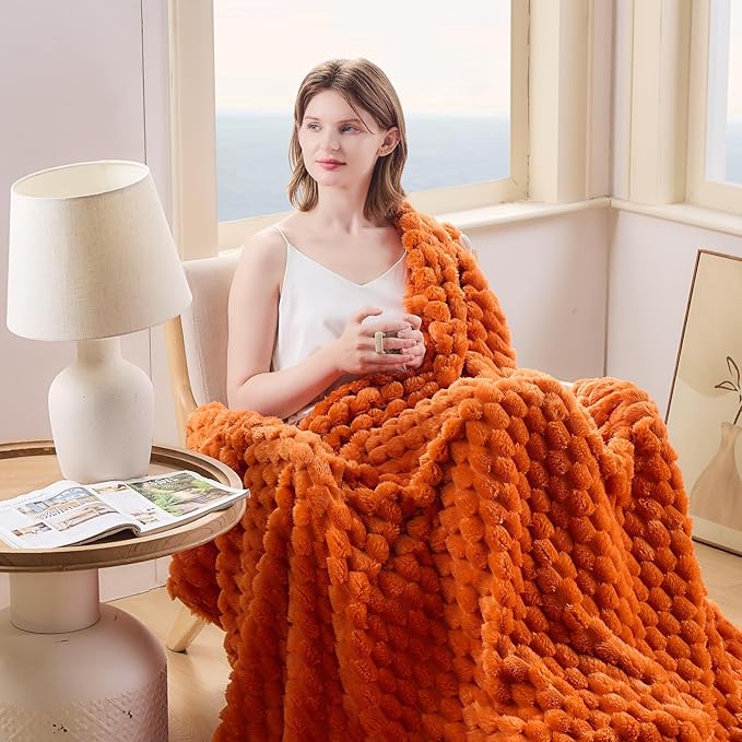 NEWCOSPLAY Super Soft Fall King Blanket Orange Premium Silky Flannel Fleece 3D Clouds Stylish Jacquard Lightweight Bed Blanket All Season Use 350GSM (Orange, King(90"x110"))