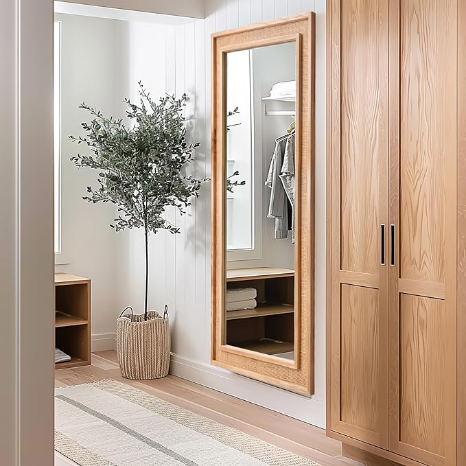 Rattan Full Length Mirror, 20"x55" Decorative Long Rattan Floor Mirror, Rectangle Wooden Full Body Mirror with Wicker Frame Hanging for Bathroom Living Dressing Room