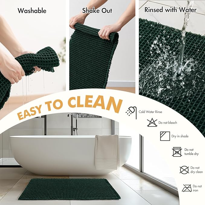 MIULEE Dark Green Set of 2 Waffle Bathroom Rugs, Boho Bath Rugs Non Slip Washable, Super Absorbent Bath Mats, Ultra Soft Rubber Backed Shower Mats for Bathroom Floor, Tub, 17x24 Inch