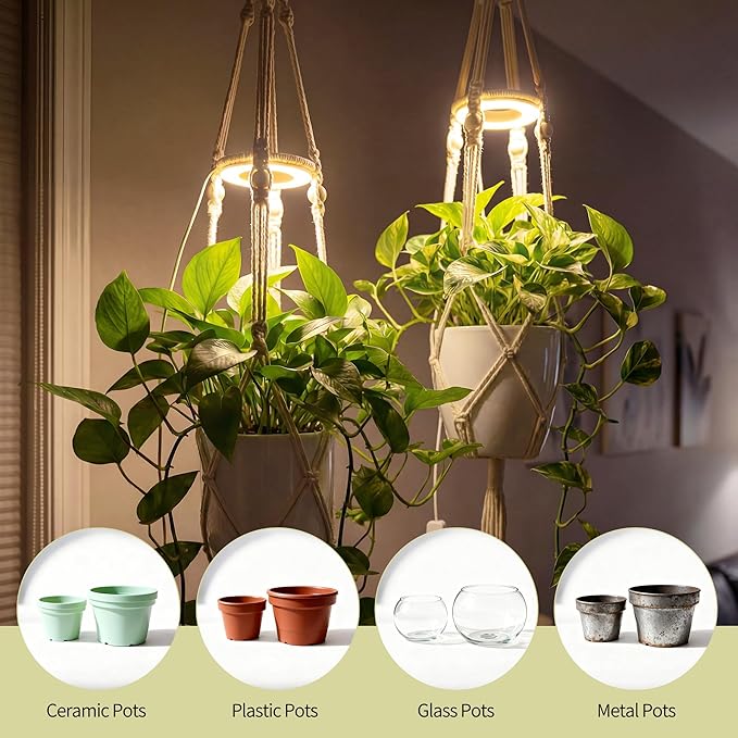 Hanging Plant Grow Lights for Indoor Plants with Timer, Wall Mounted Full Spectrum Pendant Growing Light with Macrame Plant Hanger, Ceiling LED Planta Luz for Potted Plants Home Decor