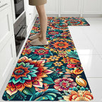 Flower Rugs for Kitchen Floor, 2PCS Anti Fatigue BohoFloral Kitchen Rugs Mats for Floor Rubber Non Slip, Washable Cushioned Colorful Flower Carpet Rug for Sink Laundry 15.7"×27.5" +15.7"×47" 3.5mm