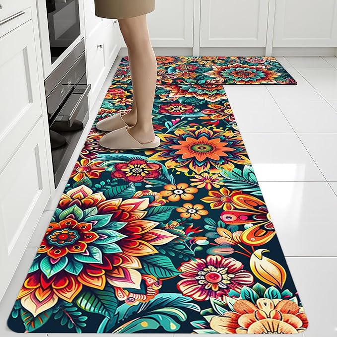 Flower Rugs for Kitchen Floor, 2PCS Anti Fatigue BohoFloral Kitchen Rugs Mats for Floor Rubber Non Slip, Washable Cushioned Colorful Flower Carpet Rug for Sink Laundry 15.7"×27.5" +15.7"×47" 3.5mm