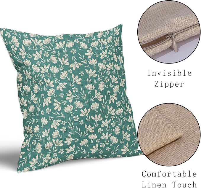 Aqua Pillow Covers 20x20 Set of 2 Vintage Floral Rustic Old Style Cute Flower Print Decorative Outdoor Pillowcases Seasonal Farmhouse Throw Cushion Case Decor for Couch Sofa Bed