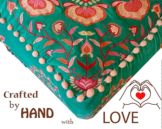 Mandala Life ART Turquoise Velvet Pouf Cover - Soft Sqare Floor Pillow - Embroidered Ottoman Slipcovern, 24x24x8 Inches, Ideal for Living Room, Bedroom, or Meditation Space - Cushion