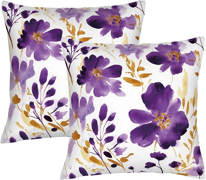 Purple Gold Watercolor Floral Throw Pillow Covers 18x18 Set of 2, Boho Gold Accent Flower Decorative Pillowcases, Spring Easter Farmhouse Cushion Covers for Couch Sofa Bedroom Living Room Home Decor