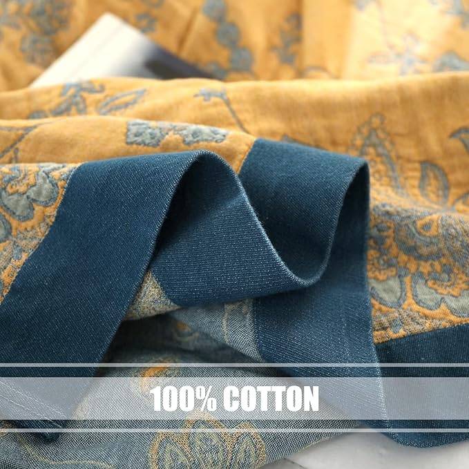 Boho Throw Blanket for Bed 100% Cotton Ultra Soft Rustic Quilt Spring Blanket Floral Printed Farmhouse Decor Bed Blankets,80"x90" All Season Rustic Throw for Sofa Couch Chair