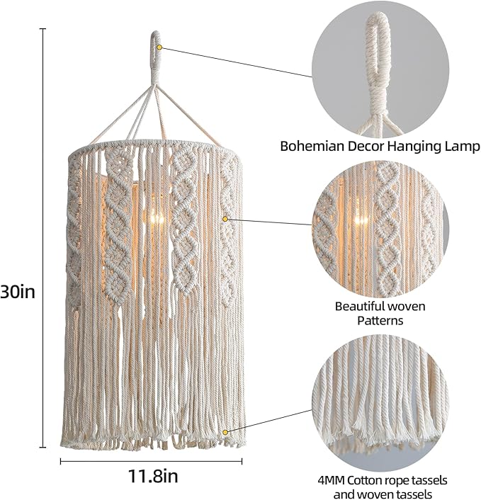 Bioaqua Boho Lamp Shade,Boho Hanging Lamp Handmade Macrame Lamp Shade Plug in Pendant Light,Bohemian Hanging Lights with Plug in Cord Light Fixtures for Boho Bedroom Decor Living Room (Type5)