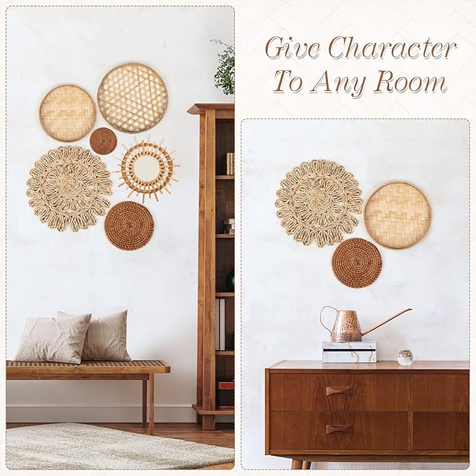 Unittype Wall Basket Decor Set of 8 Boho Wicker Wall Handmade Decor with Rattan Mirror Farmhouse Woven Hanging Basket for Bathroom Bedroom Living Room