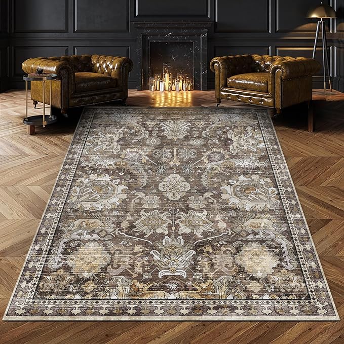 RUGSURE Washable Area Rugs - Perfect for Living Room, Bedroom, Kids Room, Nursery - Stain & Water Resistant Non-Slip, Pet & Child Friendly, Vintage Tribal Area Rugs (Ivory, 4' x 6')