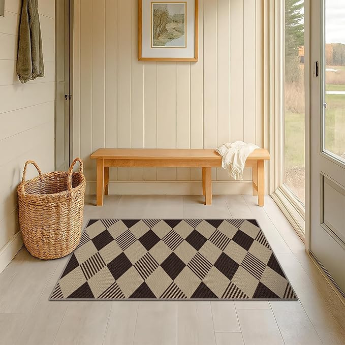 2x4 Easy Jute Diamond Entryway Rug - Plaid Rug for Patio Kitchen Bedroom Home Office, Woven Low Pile Washable Beige Black Geometric Front Door Décor