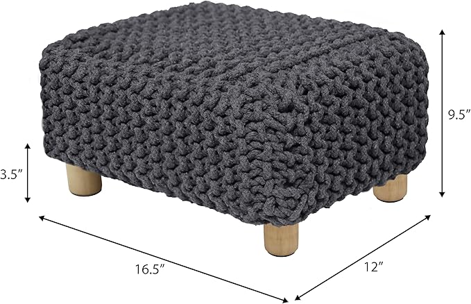 COTTON CRAFT Braided Footrest - Handknitted Dori Foot Stool with Sturdy Wood Legs – Handmade Boho Leg Rest - Small Spaces Under Desk Living Room Entryway Low Footstool Pouf - 16.5x12x9.5 - Grey