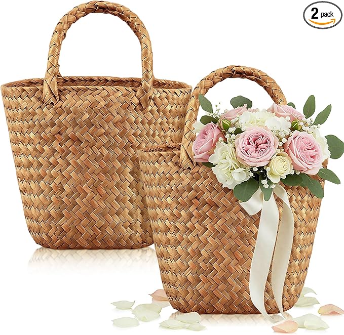 LemonRoad 2 Pcs Flower Girl Basket for Wedding Small Rustic Seagrass Basket with Handle Boho Wedding Flower Storage Farmhouse Decor for Petals Confetti Sweets Gifts 5.12 x 5.51''d (Rustic Color)