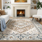 Lessymo 5x8 Area Rug for Living Room - Machine Washable Area Rugs, Super Soft Faux-Wool Area Rugs for Bedroom Kitchen, Boho Rug Vintage Floral Non-Slip Low Pile, Brown Beige