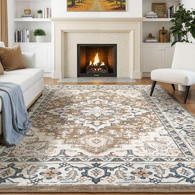 Lessymo 5x8 Area Rug for Living Room - Machine Washable Area Rugs, Super Soft Faux-Wool Area Rugs for Bedroom Kitchen, Boho Rug Vintage Floral Non-Slip Low Pile, Brown Beige
