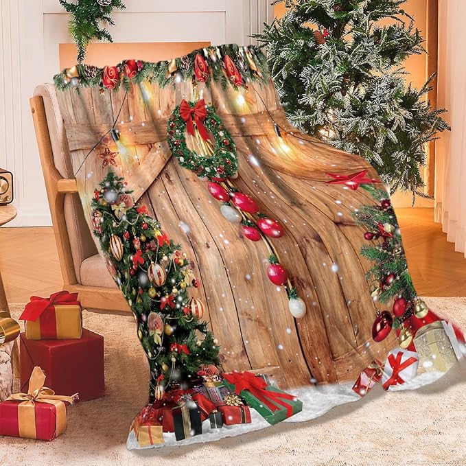 Farmhouse Christmas Throw Blanket, Wood Barn Door Winter Rustic Xmas Tree Snow Blanket for Bed Sofa Travel and Camping, Super Soft Cozy Fluffy Plush Blanket for All Seasons, 50" x 60"