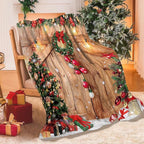 Farmhouse Christmas Throw Blanket, Wood Barn Door Winter Rustic Xmas Tree Snow Blanket for Bed Sofa Travel and Camping, Super Soft Cozy Fluffy Plush Blanket for All Seasons, 50" x 60"