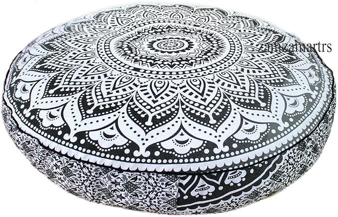 Large Indian Mandala Round Floor Cushion Cover Room Decor Cotton Pillow Sham Bohemian Ottoman Pouf Cover Outdoor Cushion Cover Pet Dog Bed Cover Beach Throws Footstool