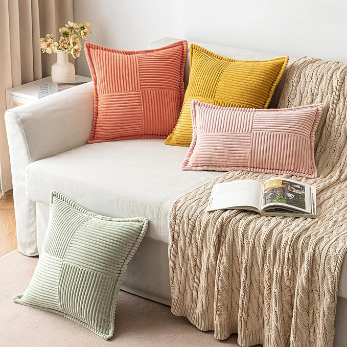 MIULEE Decorative Lumbar Throw Pillow Covers for Couch Bed Livingroom 12x20 Inch Set of 2 Coral Red Boho Accent Throw Pllows Broadside Striped Patchwork Soft Corduroy Summer Pillowcases