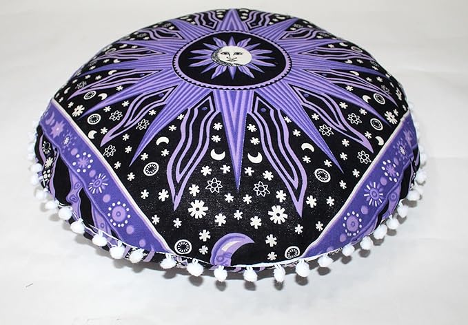 CRAFT KALA 22" Bohemian Floor Pillow Pouf Cover Mandala Boho Large Round Meditation Room Pillow Covers for Adults Seating Poufs Cushion Cover for Kids Playroom Purple Burning Sun
