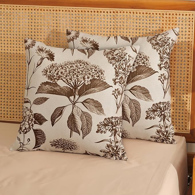 Brown Pillow Covers 16x16 Set of 2 Vintage Boho Floral Hydrangea Herbs Botanical Throw Pillow Cover Outdoor Flower Decorative Pillowcase Linen Farmhouse Cushion Case Decor for Couch Sofa