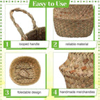 Qunclay 8 Pcs Woven Seagrass Baskets Belly Basket Folding Boho Natural Plant Pot with Handles Round Decorative Wicker Large Indoor Planter for Home Outdoor Tree Planters Decor (XXS,6.3''dx5.5''h)