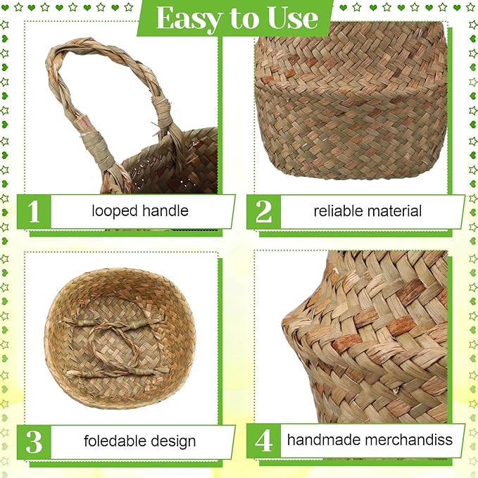 Qunclay 8 Pcs Woven Seagrass Baskets Belly Basket Folding Boho Natural Plant Pot with Handles Round Decorative Wicker Large Indoor Planter for Home Outdoor Tree Planters Decor (XXS,6.3''dx5.5''h)