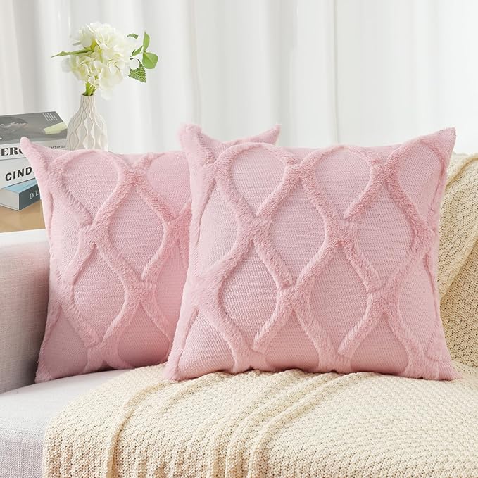 decorUhome Spring Euro Sham Throw Pillow Covers 26x26 Inch Set of 2, Soft Plush Faux Fur Wool Blush Pink Accent Couch Pillow Covers for Modern Farmhouse Bed Sofa Living Room