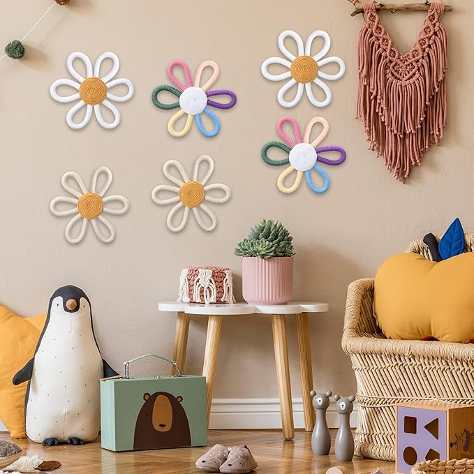Ripeng 6 Pcs Boho Nursery Decor Flower Daisy Wall Art 6 Inch Woven Macrame Wall Hanging Bohemian Flower Decor Daisy Nursery for Baby Girls Kids Home Bedroom(Stylish Color)