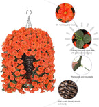 HyeFlora Artificial Fake Hanging Flowers Plants Baskets for Outdoor Decoration, Faux Silk Orange Morning Glory in Planter UV Resistant Look Real for Home Porch Patio Balcony Yard Decor