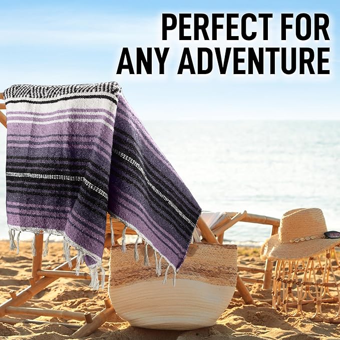 Hydration Nation Authentic Large Handwoven Mexican Blanket - Soft Yoga- Durable Serape- Lightweight Falsa, Beach, Camping, Picnic, Outdoor Blanket 70"x50" - Lavender Jade