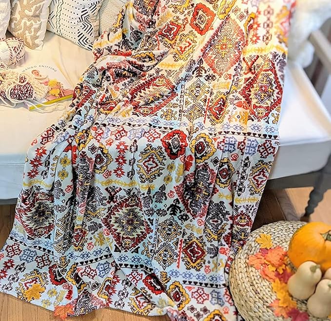 DaDa Bedding Bohemian Southwestern Mink Fleece Throw Blanket - Lightweight Cozy Farmhouse Aztec Havana Geometric Abstract Soft Warm Fall Decor - Yellow & Red - 50" x 60"