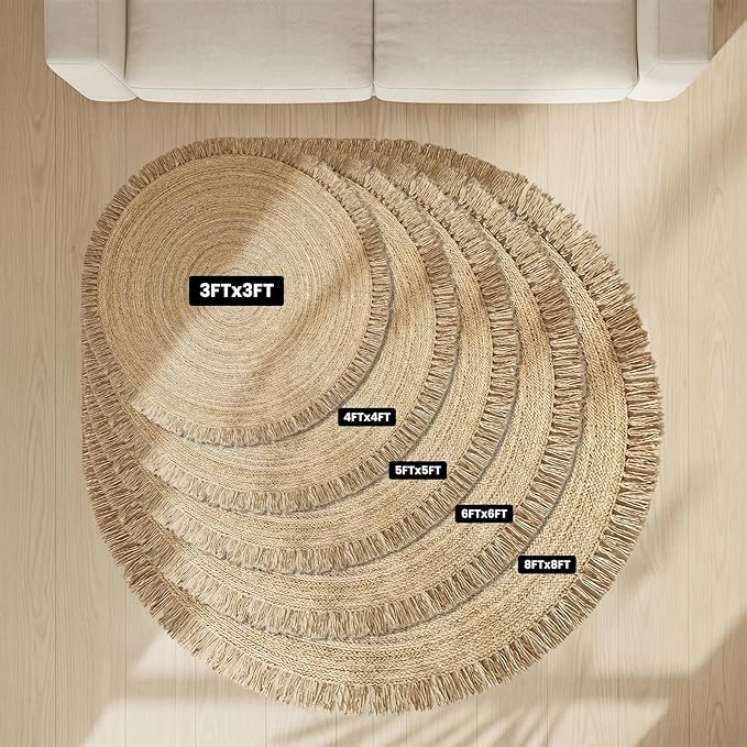 Hand Woven Jute Round Rug, – Natural, Reversible Boho Entry Area Rugs for Kitchen, Living Room I Farmhouse Indoor Outdoor Decorative Floor Rug - (8 Feet)