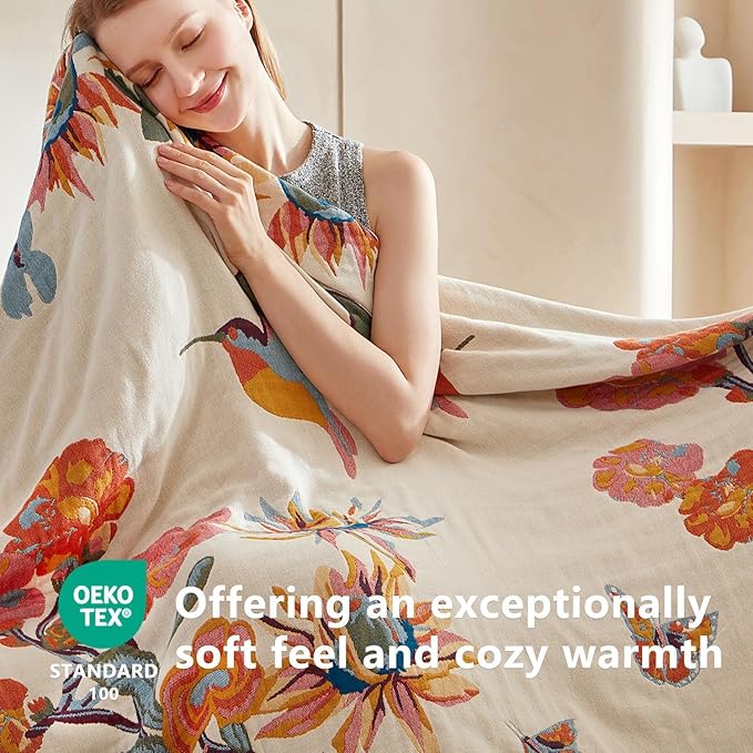 Boho Throw Blanket - 100% Cotton Soft Spring Throw Blanket for Bed, 50"x60" Reversible Breathable Lightweight Blankets, All Seasons Farmhouse Decor Floral Plant Butterfly Throw Quilt